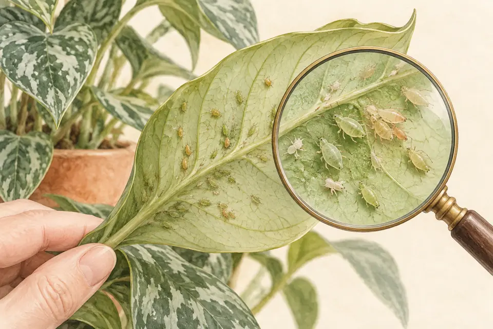 Magnifying glass inspecting insects on a leaf.
