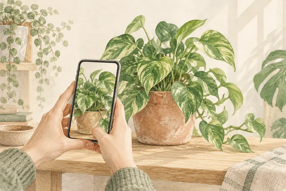 Phone photographing a potted plant.