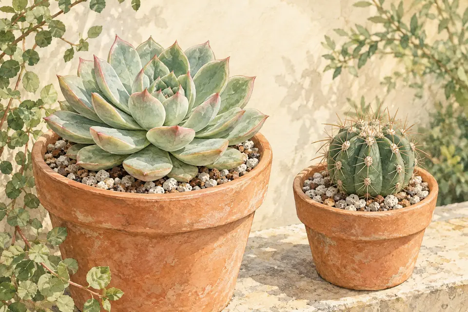 Succulent and cactus in separate pots.