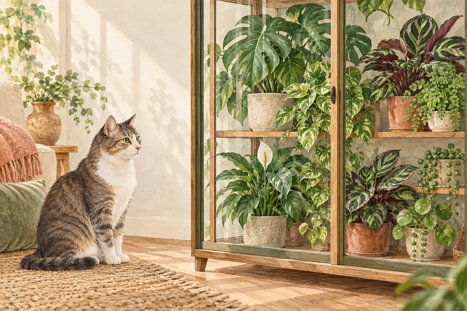 Cat separated from houseplants by a barrier.