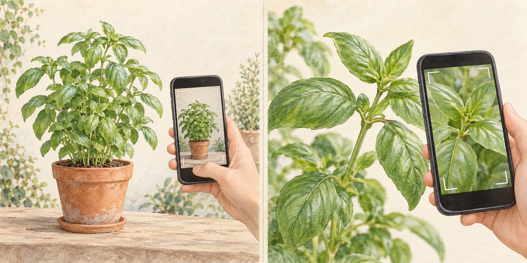 Illustration of a whole potted plant photograph and a closer view of leaves attached to a stem.