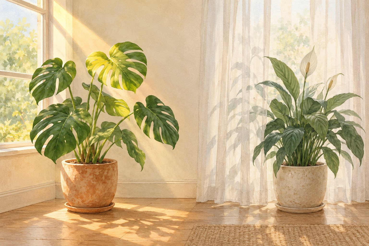 Illustration of direct sunlight beside a window and filtered daylight behind a sheer curtain.